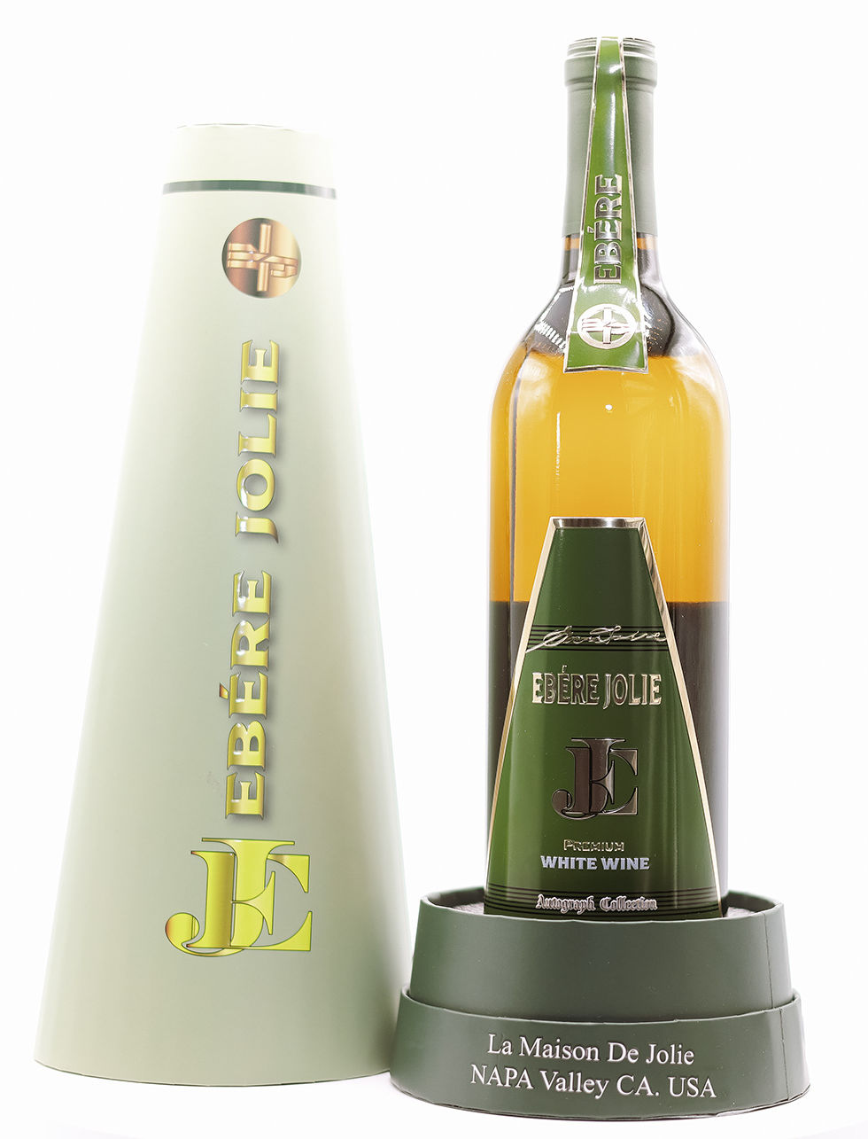 Bottle and box of premium white wine.