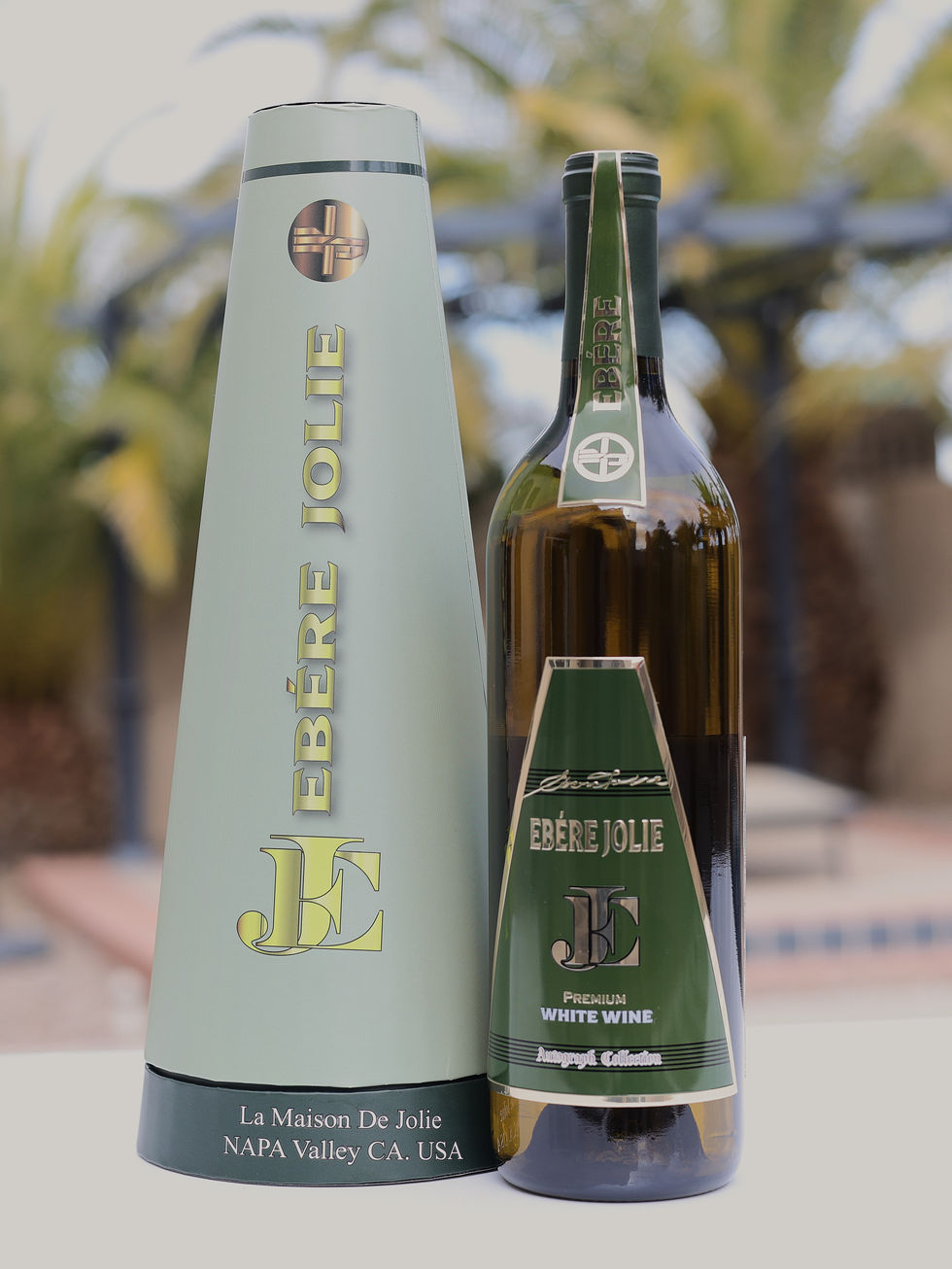 Bottle and box of premium white wine.