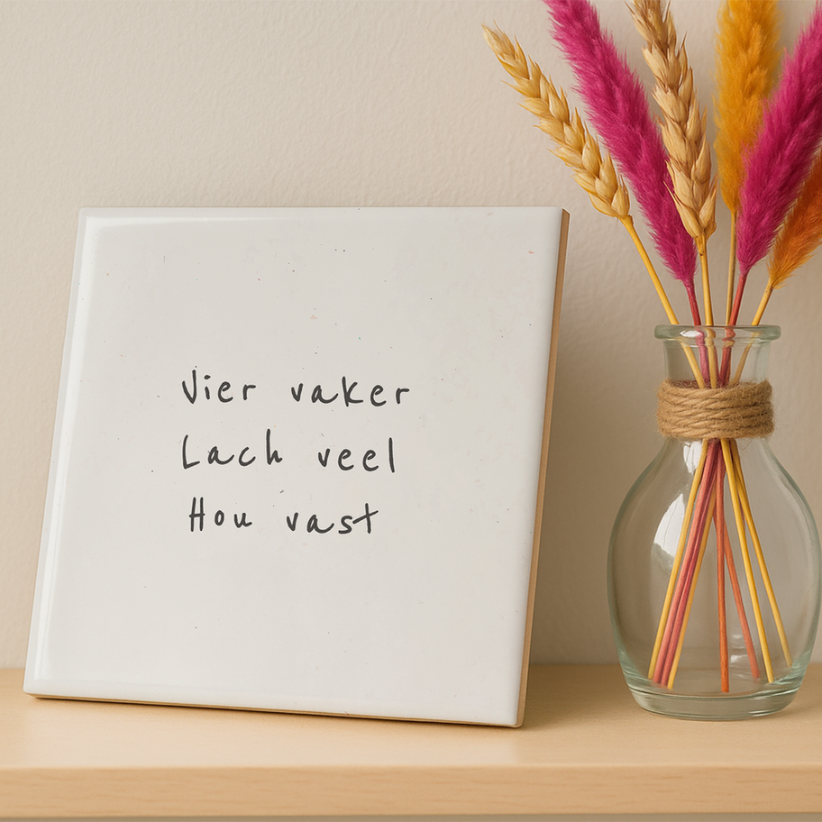 Detail van tegeltje met tekst over geluk – glanzende afwerking en minimalistisch design