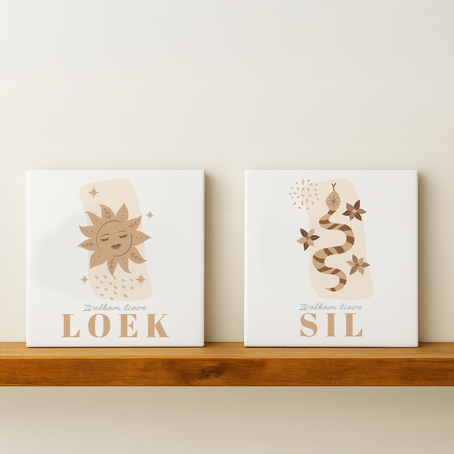 Zon-illustratie op keramisch geboortetegeltje – origineel en tijdloos cadeau van Met Babett