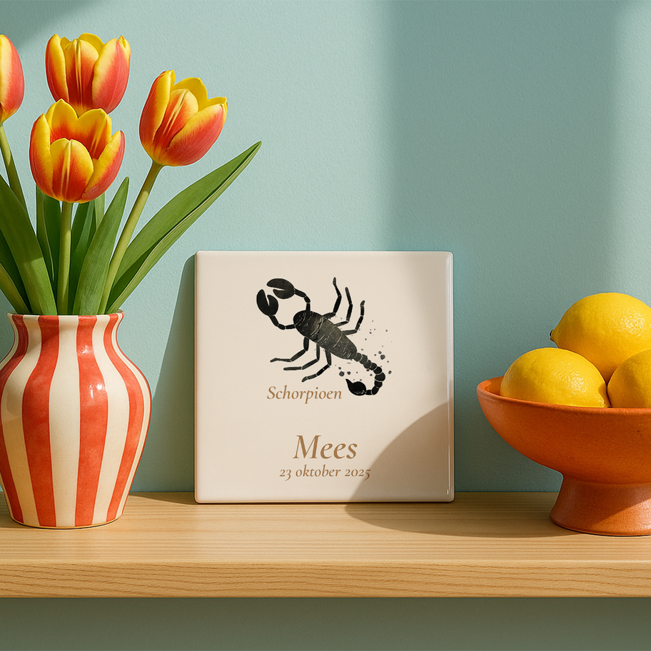Keramisch tegeltje met sterrenbeeld en naam – artistieke zodiac decoratie