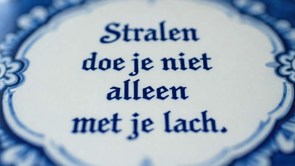 Close-up van een delfts blauw wc tegeltje met een grappige spreuk