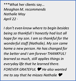 Nathalie May recommendation from a former client indicating she is an excellent therapist