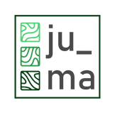 Logo do JUMA. Quadrado maior contendo o nome JUMA e 3 quadrados menores decorativos