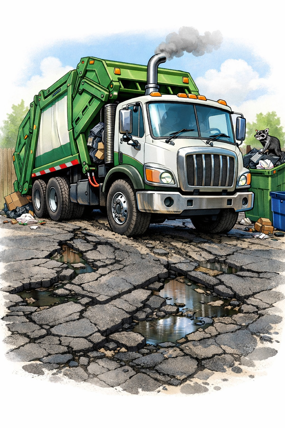 Garbage truck causing pavement damage near dumpster in commercial parking lot