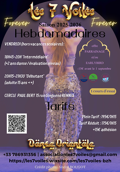 Programme 2025-2026 des hebdomadaires débutant/initié et intermédiaire de Danses Orientales, de l'association Les 7 Voiles, de Rennes
