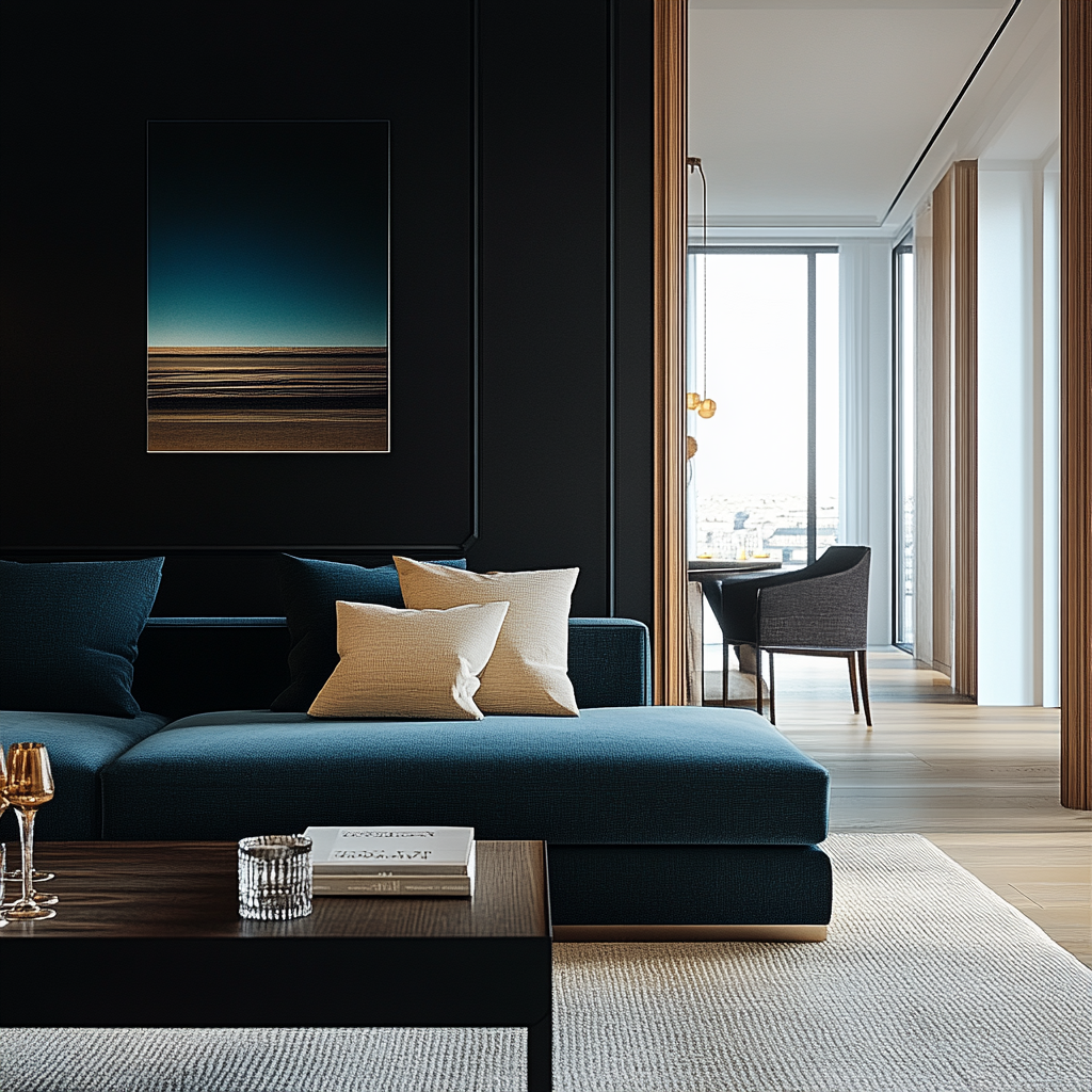 A cozy and stylish living room with bright blue and white traditional Greek island architecture visible through large windows. The interior features a modern orange and white sofa, elegant gold floor lamps, a wooden coffee table, and a bookshelf filled with books. Blue accents and Mediterranean elements create a warm, inviting atmosphere. This image was generated using ArchiVinci AI.