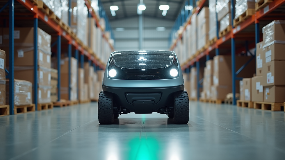 Close-up view of automated guided vehicle navigating warehouse aisles