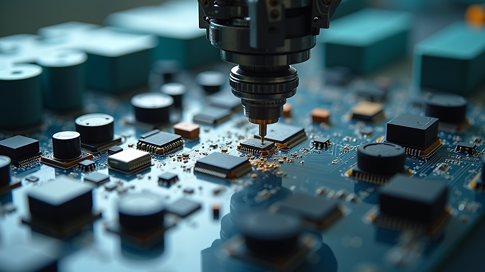 Eye-level view of robotic arm assembling electronic components
