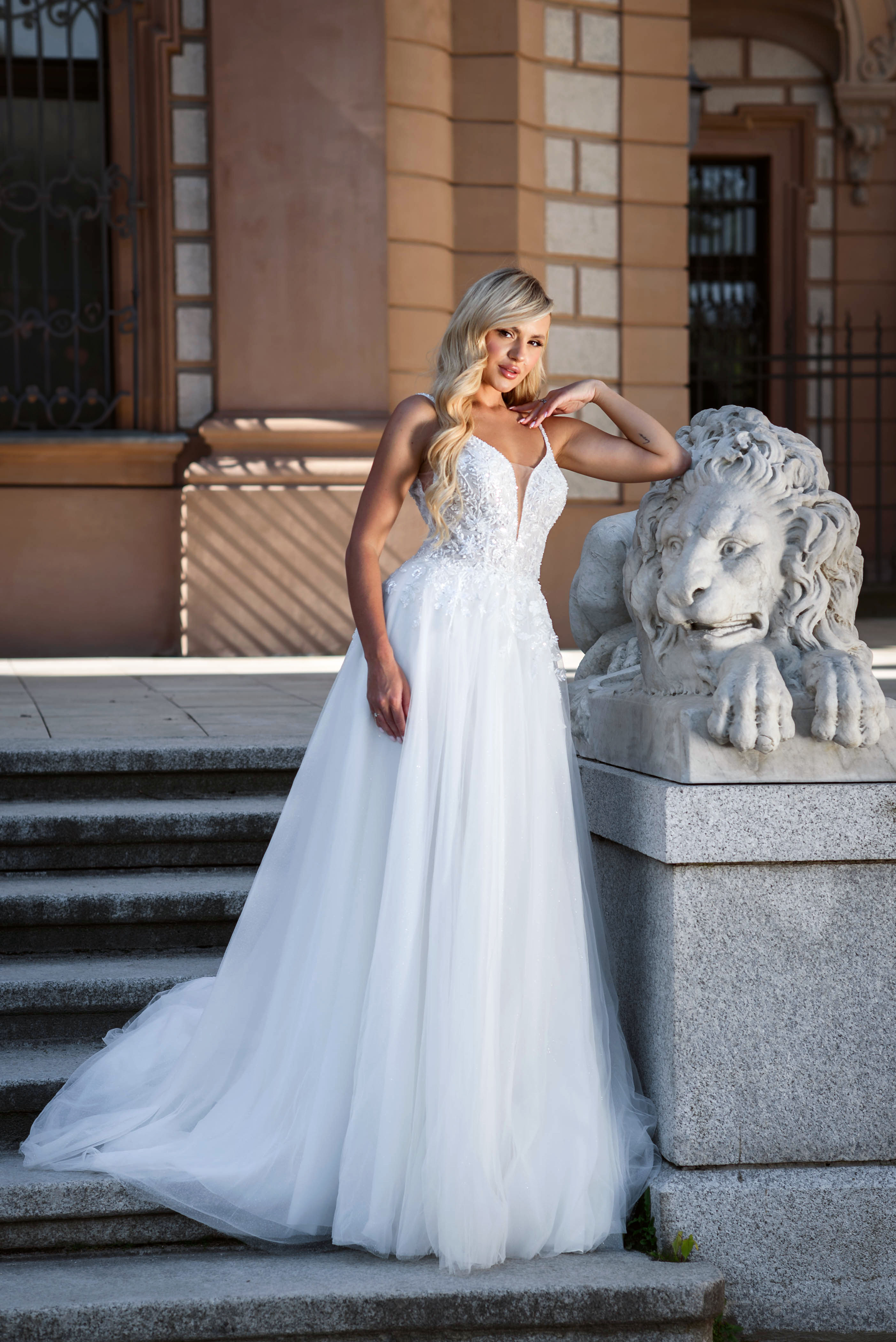 Νυφικό από κεντημένη δαντέλα και τούλινη φούστα με glitter-25119