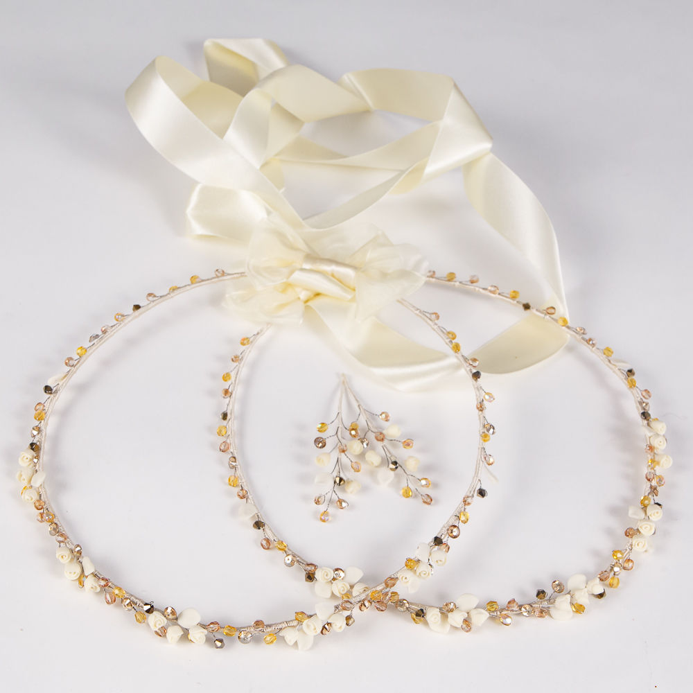 Στέφανα Γάμου Εκρού με κρυσταλλάκια και λουλουδάκια