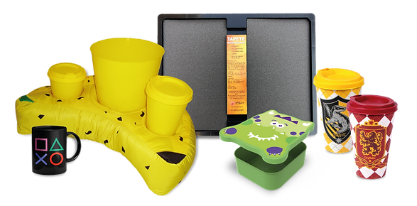 Produtos promocionais e personalizados Artigus - almofada pipoca, copos, caneca, lunchbox