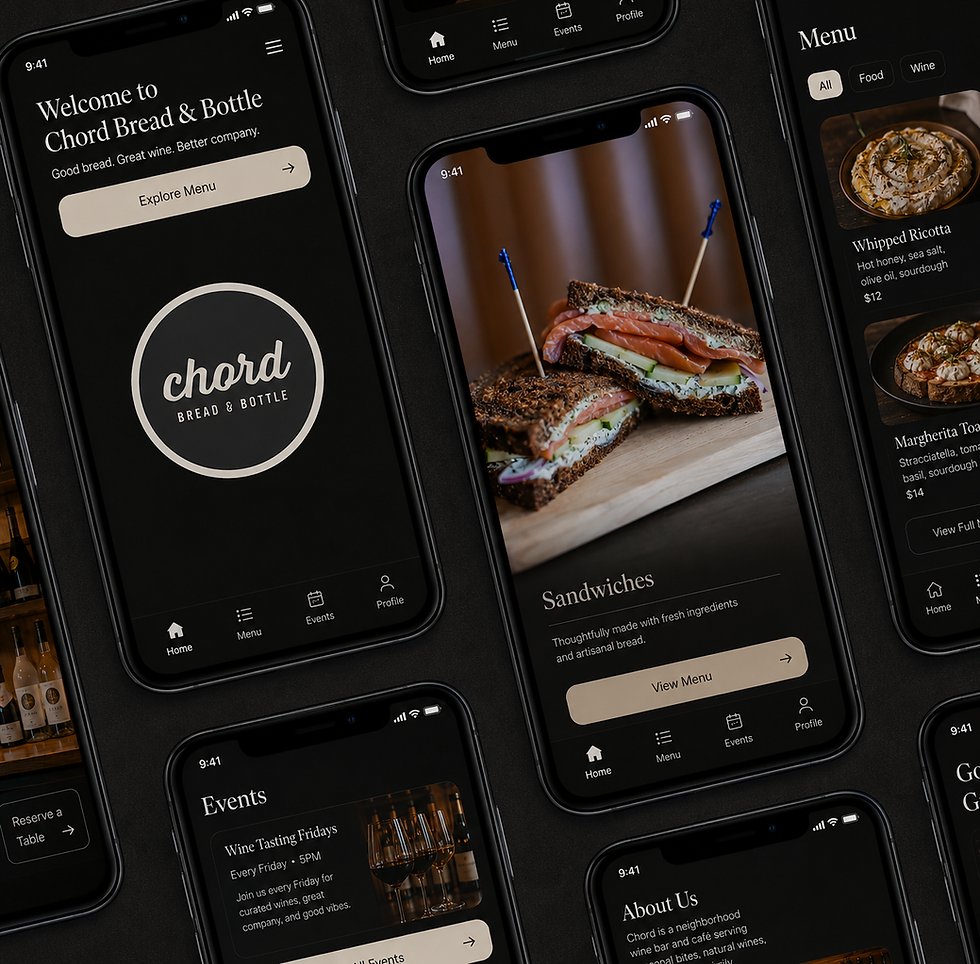 Chord Bread & Bottle website shown on phone screens, with sandwich menu and events pages