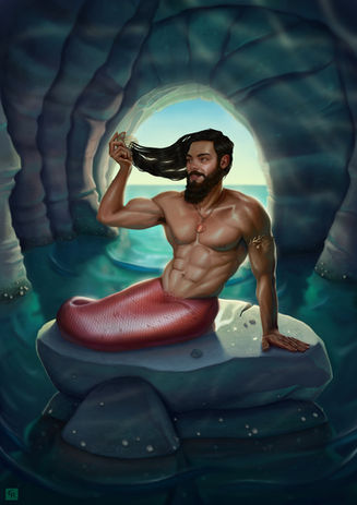 Illustration d'un homme sirène au torse dénudé et musclé assis sur un rocher au coeur d'une grotte. Il coiffe ses longs cheveux bruns avec un peigne ancien collecté au fond de la mer