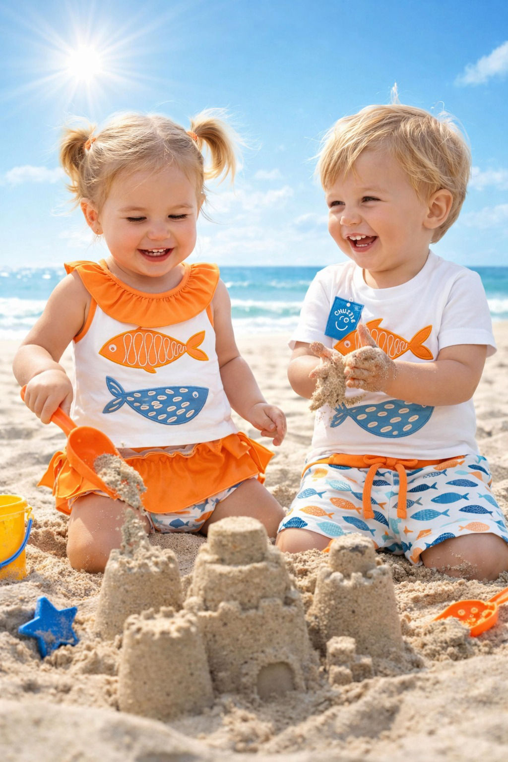 Conjunto de baño, peces, niño