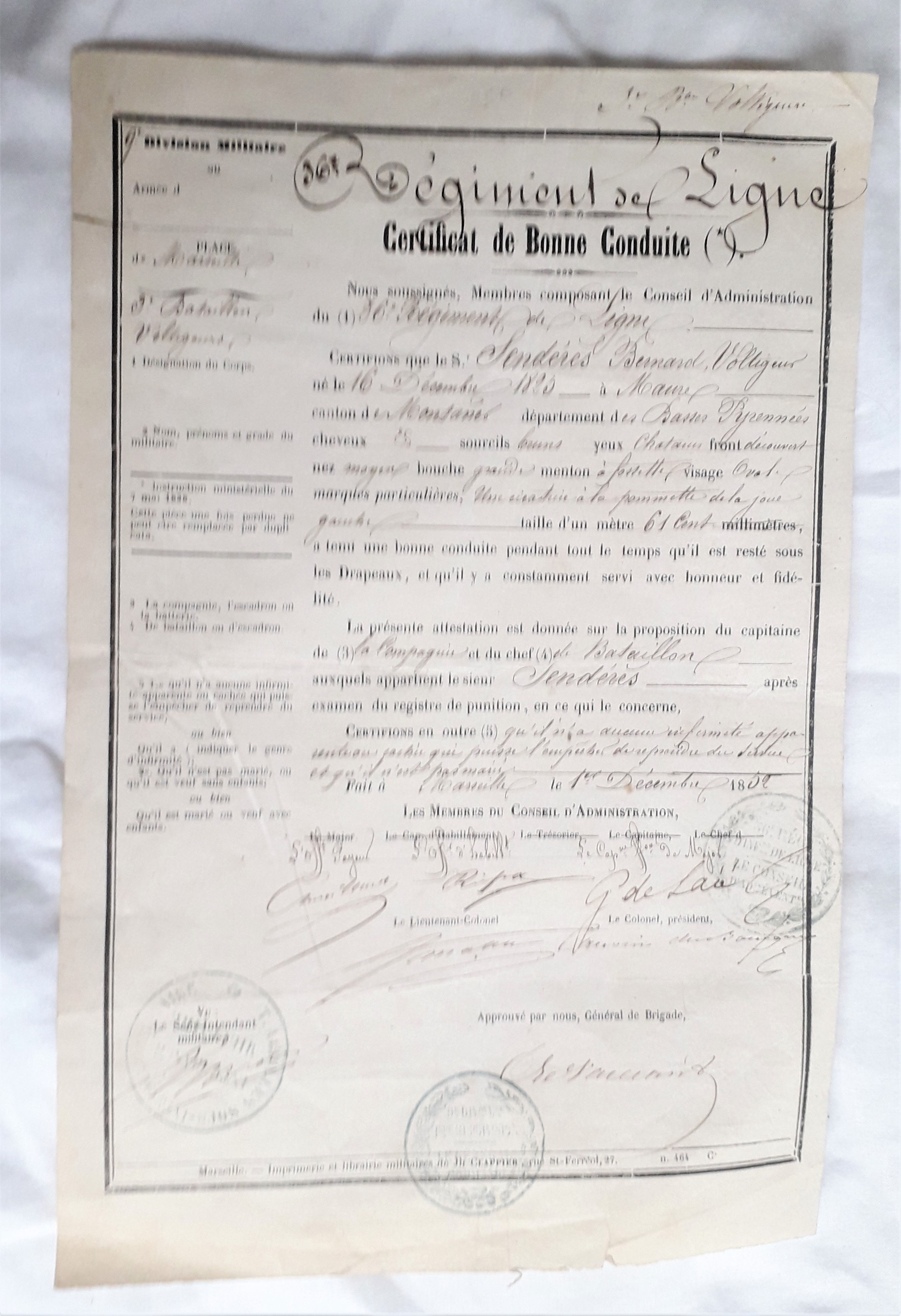 Document - FR391407c  Certificat bonne conduite 1852 du 36°R.L