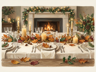 Illustration of a candlelit dining table with autumn leaves and festive greenery.