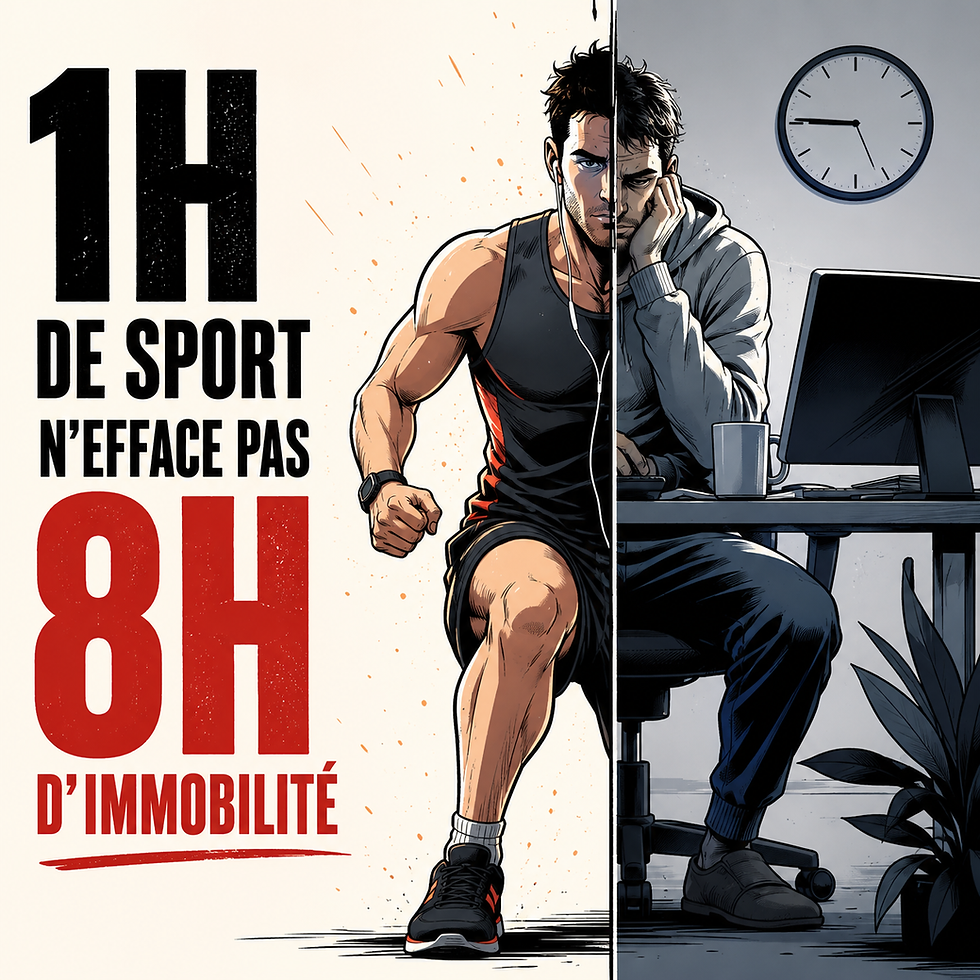 Image illustrant la sédentarité du sportif au bureau et ses douleurs chroniques par manque de mobilité régulière.