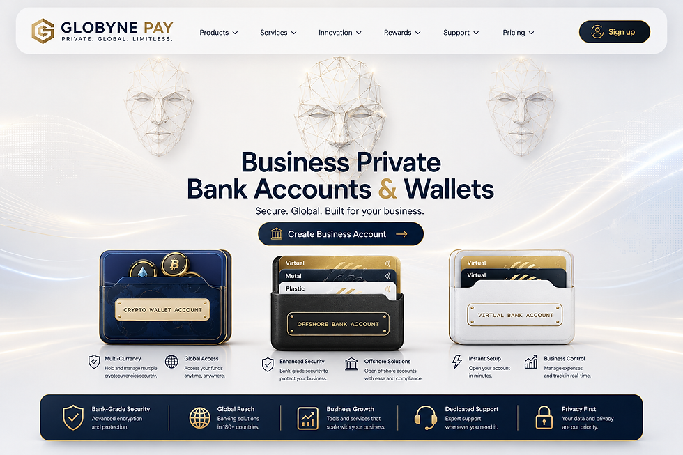 Globyne business bank accounts and digital wallets interface.