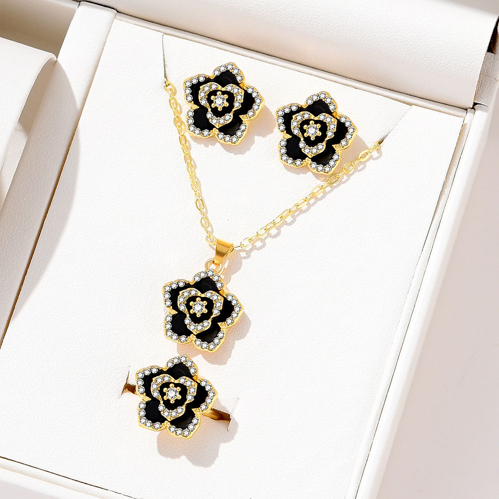 4 Piece Set Of Women Black Floral Jewelry Necklace Earrings And Ring Set Persona