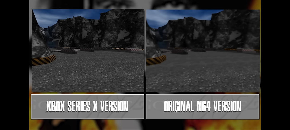 Screenshot of Digital Foundry's Goldeneye Xbox One/Series and Switch vs. N64 video. On N64, the textures at oblique angles and further distances progressively blur into a soupy, low-frequency look.