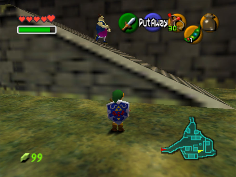 Screenshot of The Legend of Zelda: Ocarina of Time from a Nintendo 64 emulator with bilinear texture filtering. The texture was intentionally designed around the limitations of 3-point filtering, making it look blocky when it's not smudged diagonally by 3-point filtering.