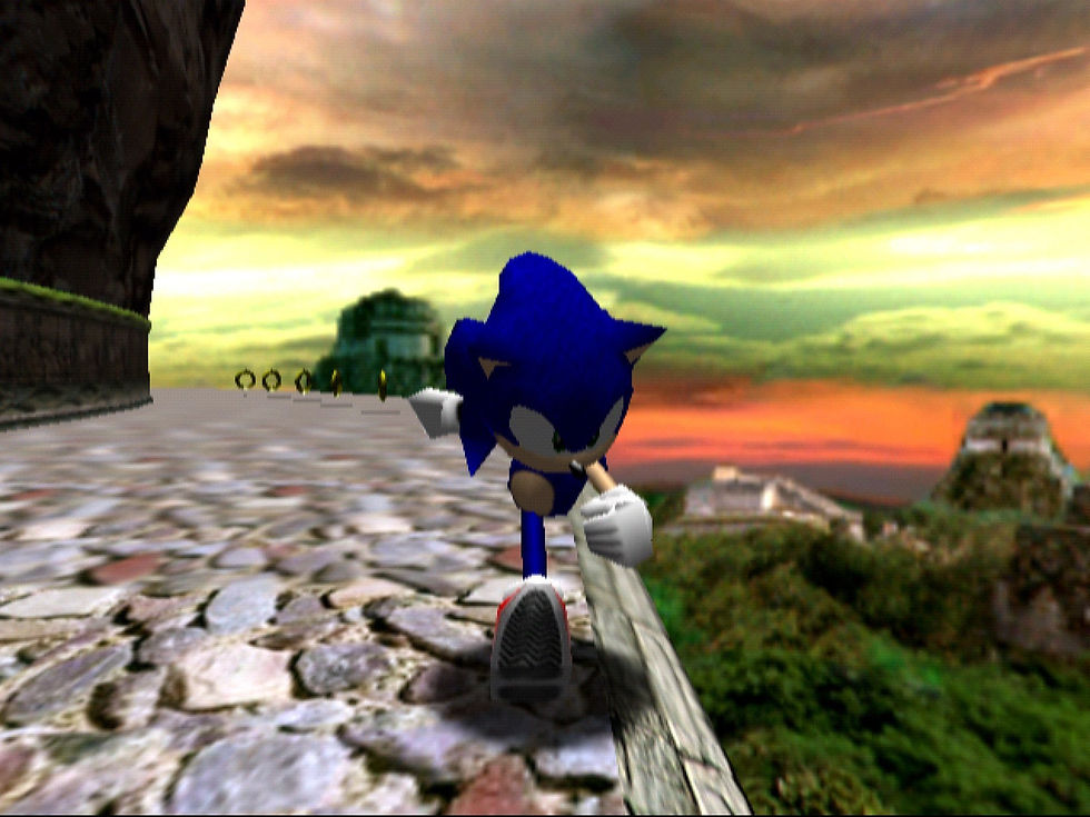 A screenshot of Sonic Adventure on Dreamcast where Sonic is running towards the camera on a cliff in the "Lost World" level. The low angle demonstrates how the ground texture becomes very blurry at oblique angles and far distances to the camera.