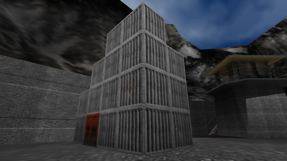 2560x1920 (anamorphic 16:9 widescreen, internal resolution is a 4:3 aspect ratio) screenshot of a stack of containers in Goldeneye 007 in Mupen64Plus-Next, meant to show off the texture blurring from the mipmapping.