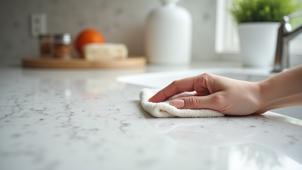 Close-up view of a polished quartz countertop with a soft cloth cleaning it