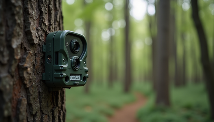 Close-up view of a trail camera mounted on a tree trunk in a forest