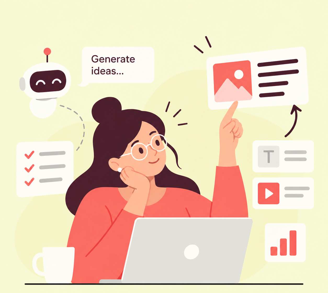 Illustration of a content designer using AI to generate and manage content across digital channels.