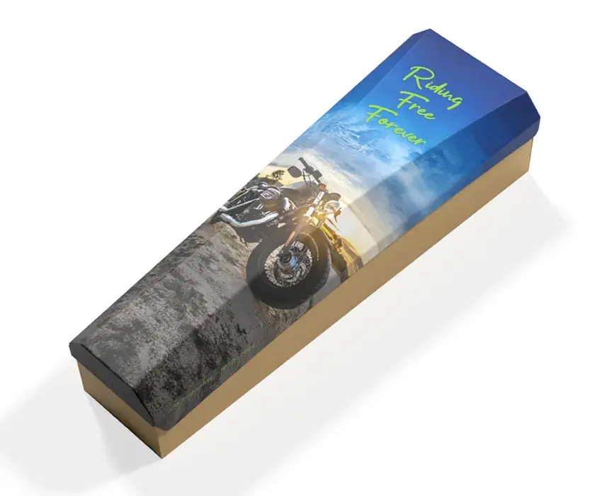 Motorcycle tribute themed cardboard casket design