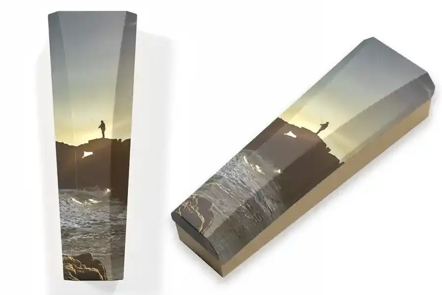 Custom cardboard casket with fishing sunset landscape printed on the lid