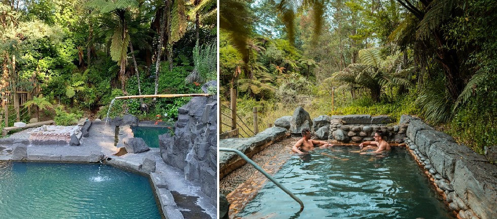 Natural rock-lined pools surrounded by native bush at Okoroire Hot Springs near Tīrau