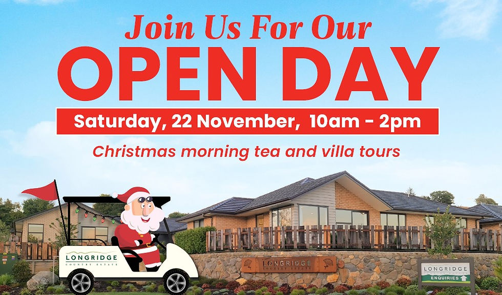 Santa driving a golf cart outside Longridge Country Estate retirement village in Paeroa, promoting the Open Day event