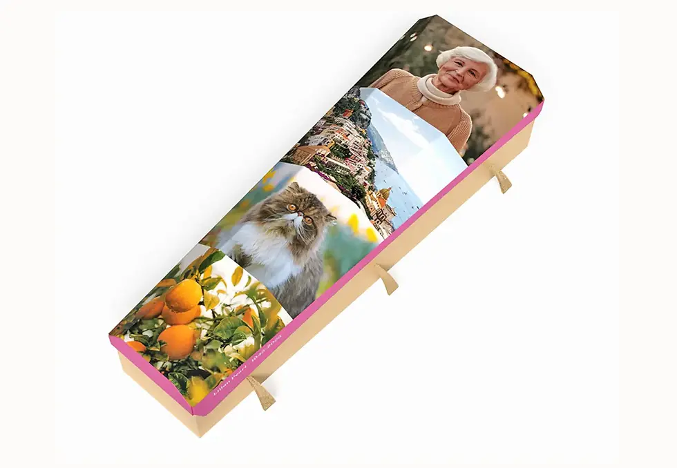 Custom printed casket lid with a personal photo collage