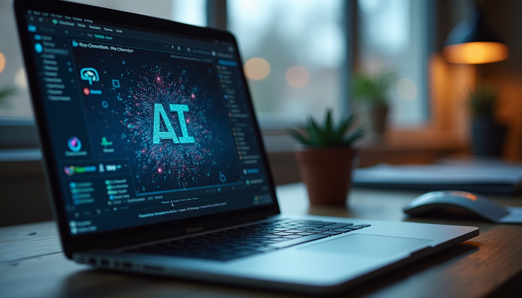 Eye-level view of a laptop screen showing AI-generated text editor