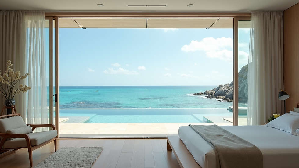 Eye-level view of a luxurious beachfront villa with a stunning ocean view