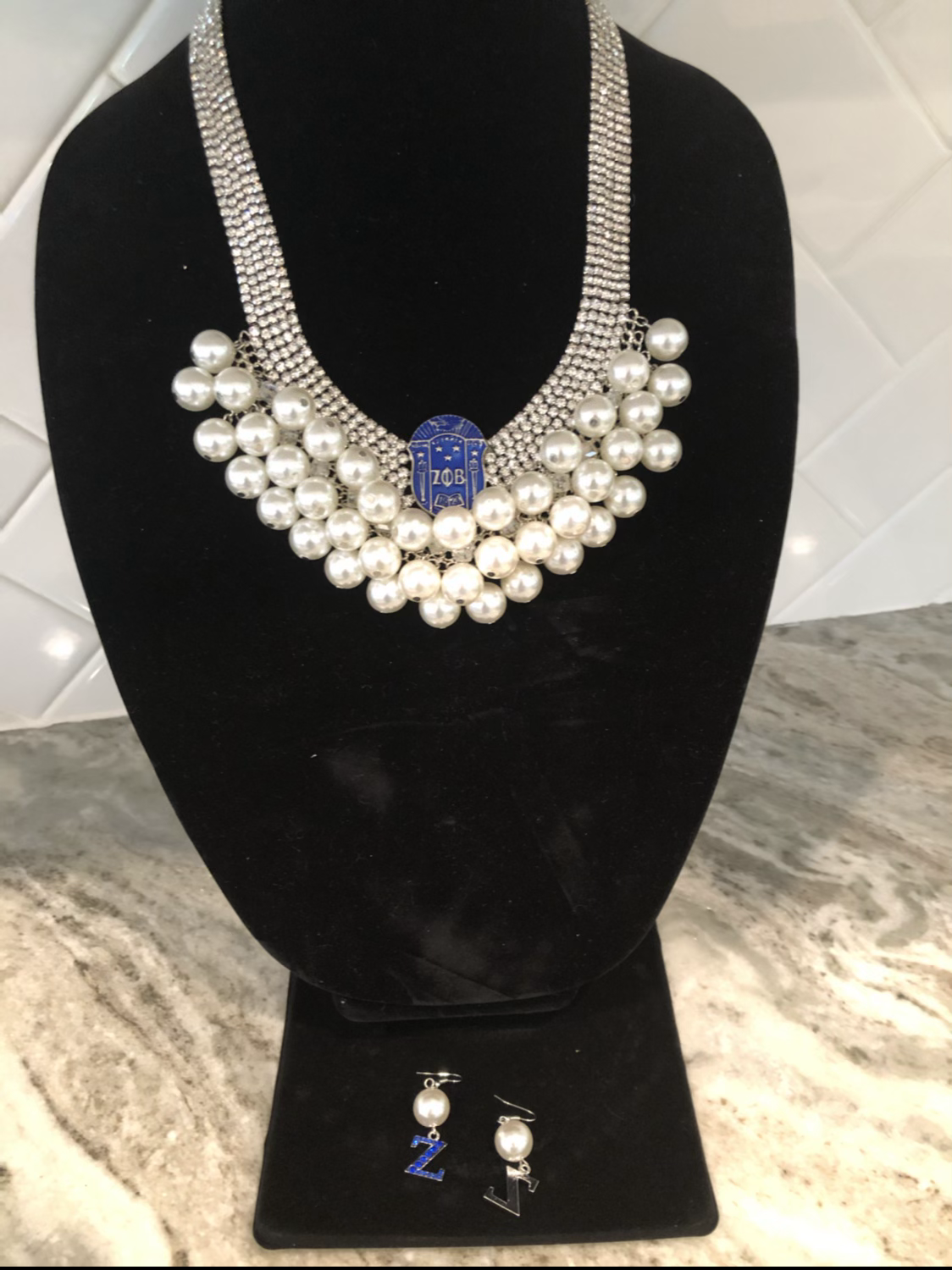 Zeta Shield Bling and Pearls  Necklace Set