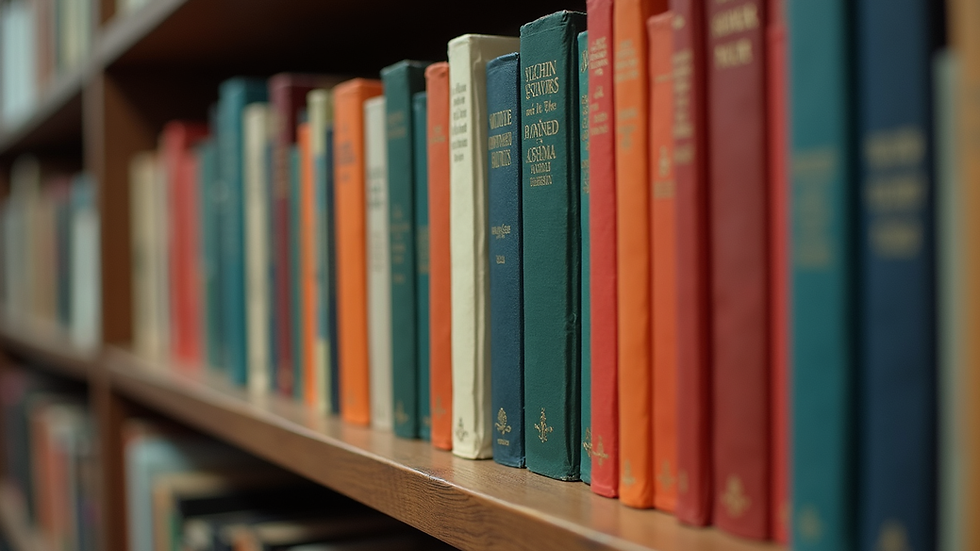 Eye-level view of a bookshelf filled with colorful books
