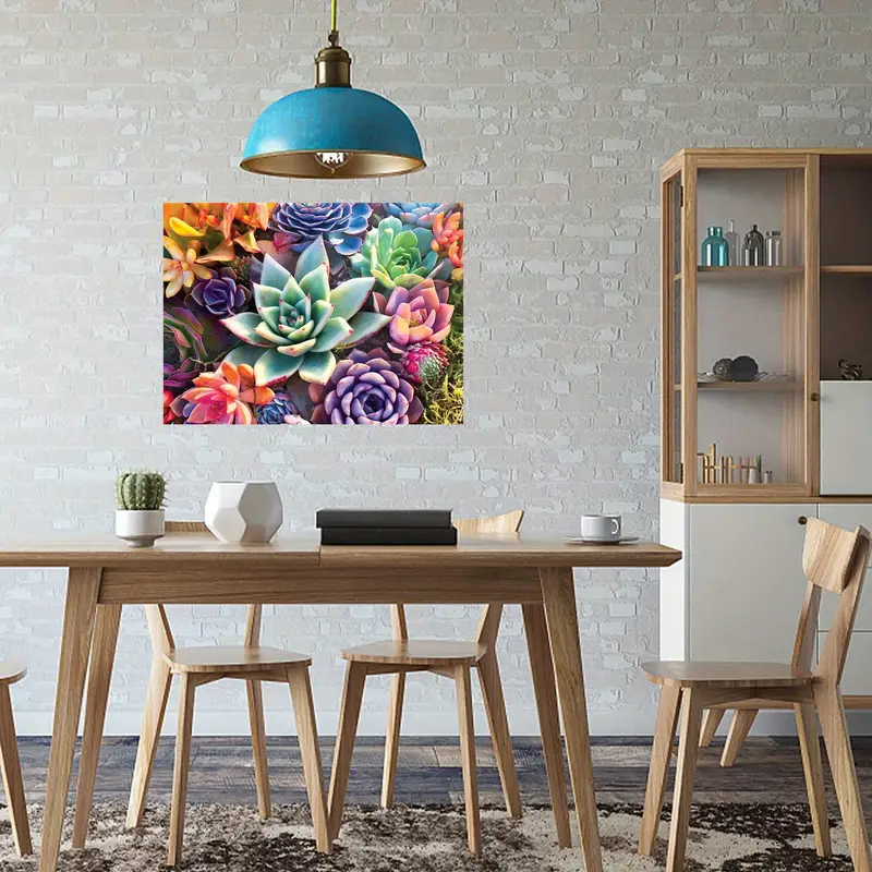 A home display featuring a dining room. The main thing that contrasts the rest of the room display is the bright colourful succulent canvas painting on the wall behind the table and chairs.