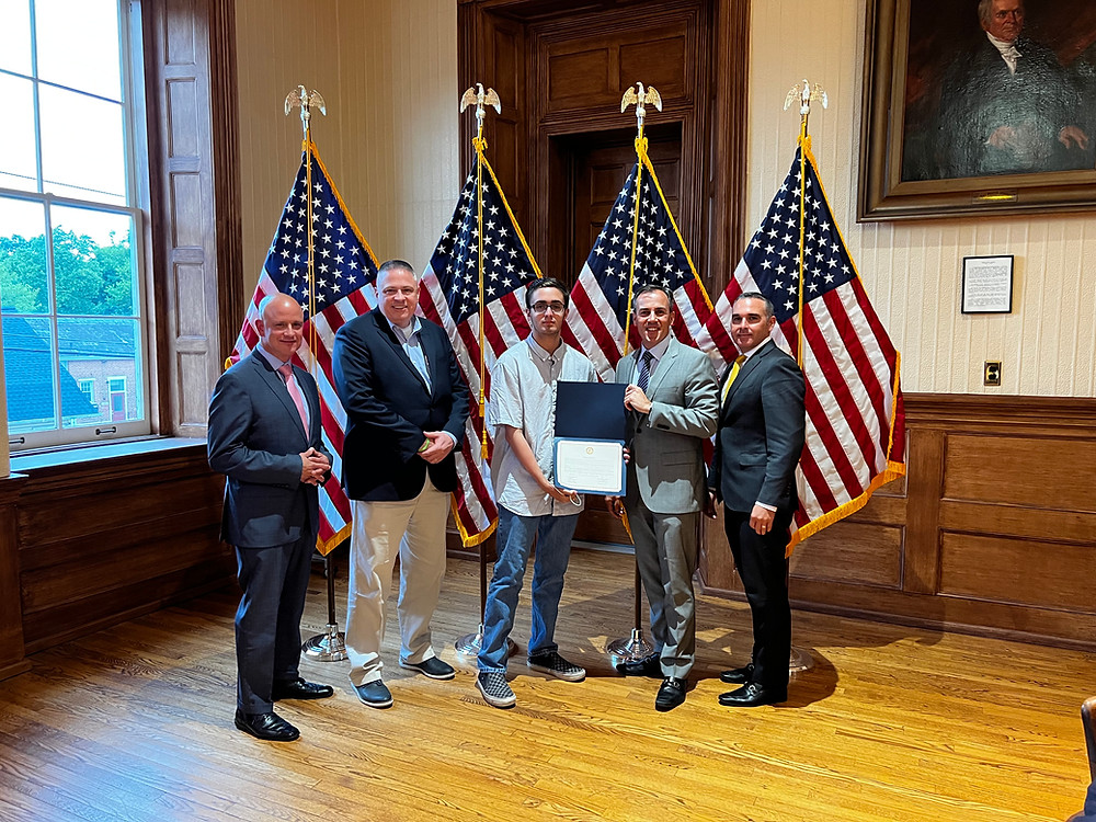 Pictured from left to right: NJAC Executive Director John Donadio, Hunterdon County Vocational School District Superintendent Todd Bonsall, Nicholas Nawrotzki, Board Director John E. Lanza, Board Deputy Director Zachary T. Rich