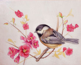 Painting of chickadee with quince blossoms