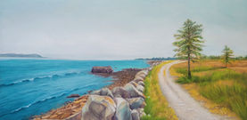 Landscape painting of beach with large rocks and trees