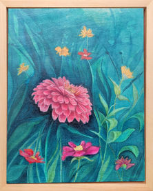 mixed media painting of a zinnia in the grass