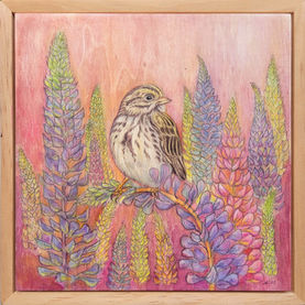 Mixed media painting of sparrow in lupins