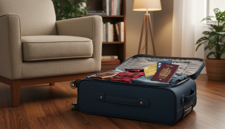 Eye-level view of a suitcase beside a living room chair with Canadian bank cards and a passport on top.