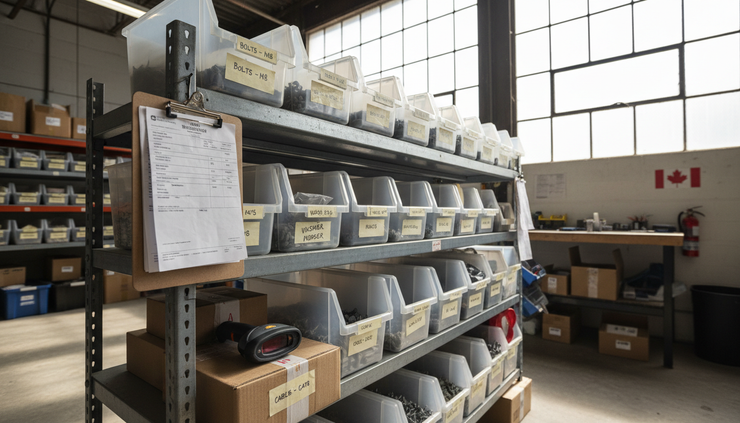 Wide-angle view of a small warehouse shelf with labelled inventory bins, supplier invoices, and a clipboard.