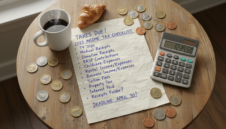 Overhead view of a handwritten checklist and calculator on a dining table with Canadian coins nearby.
