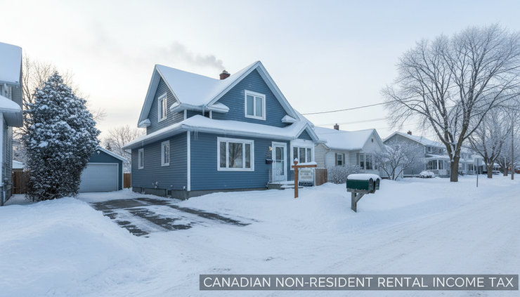 Wide-angle view of a quiet Canadian rental house in winter.